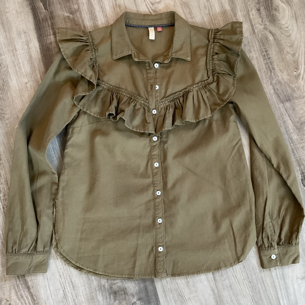 ANTHROPOLOGIE Pilcro Ruffle Button Down Blouse Top Green Small - Picture 2 of 6